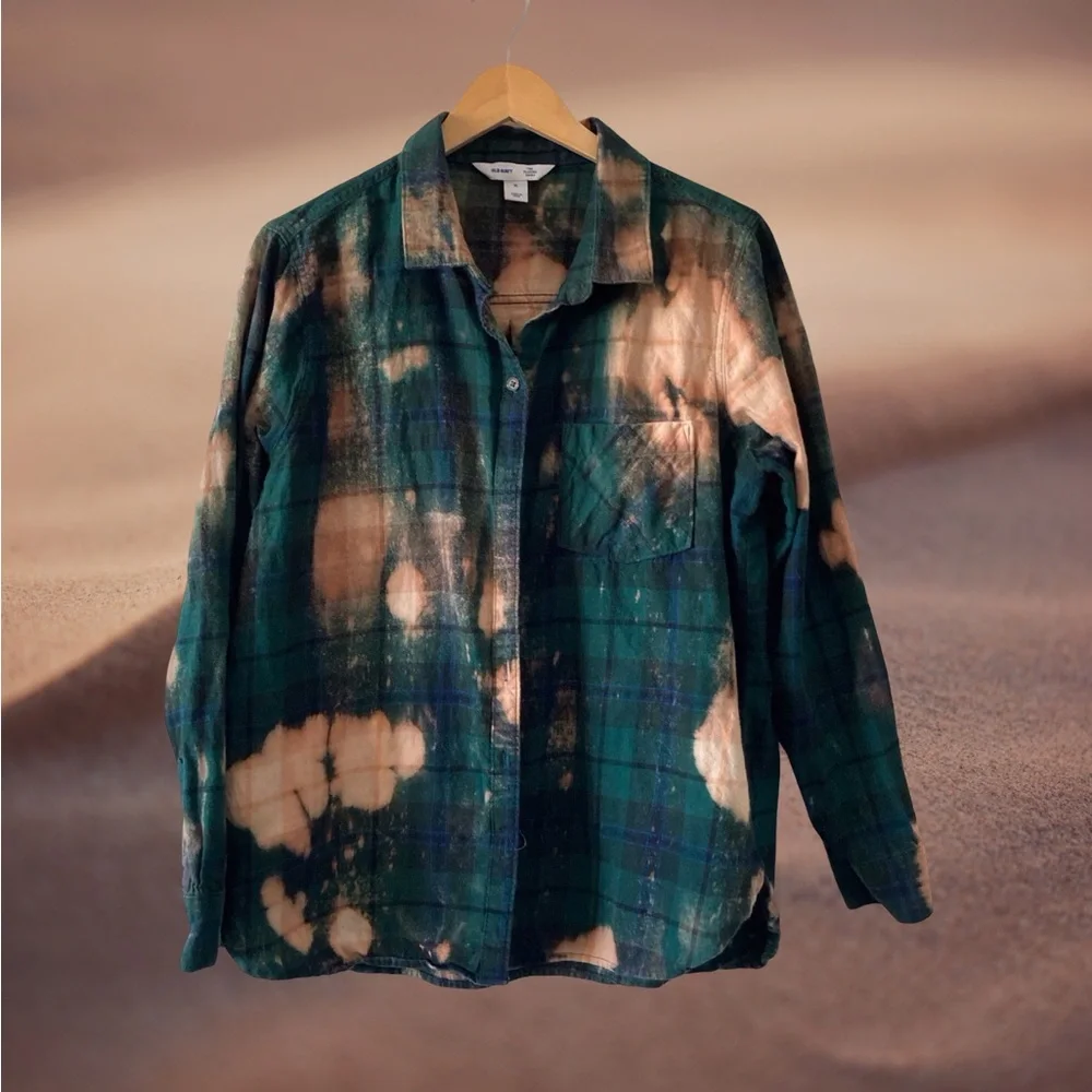 Custom Flannel Shirt XL Green Peach Desert Graphic Boho Festival - Picture 11 of 11